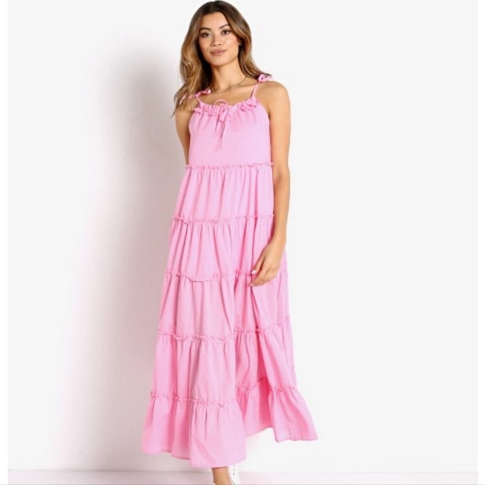 Charlie Holiday Senorita tiered maxi dress in bubblegum pink cotton